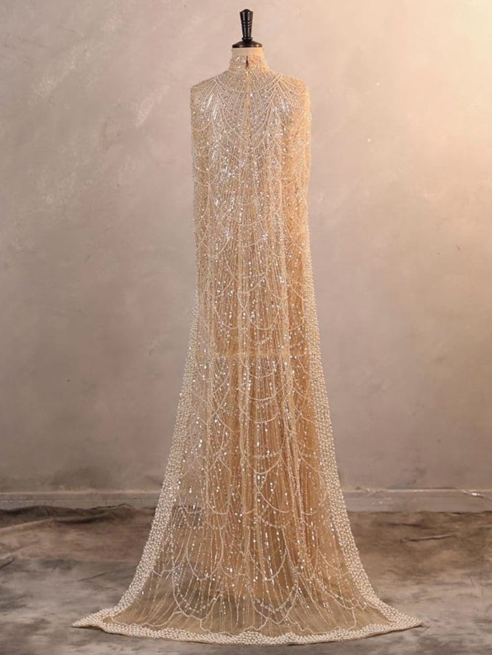 Beaded Cape Gown in Champagne - Picture 8 of 10